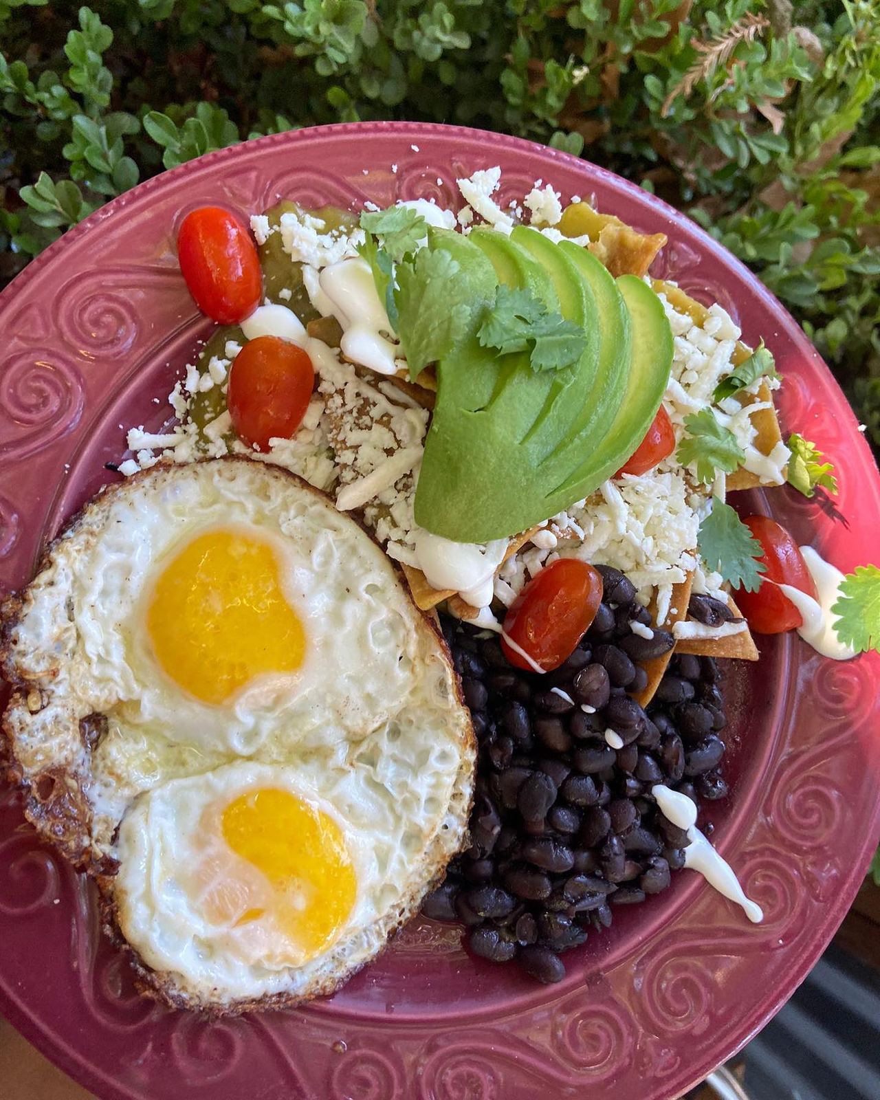 Sunny-side-up eggs with avocado, black beans and fresh fruit at Picazo Café